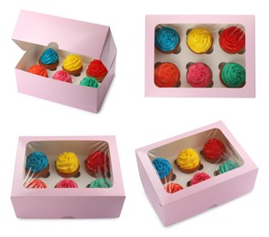 Set of boxes with different tasty cupcakes on white background