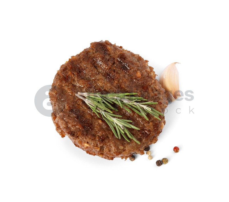 Grilled meat cutlet for burger isolated on white, top view