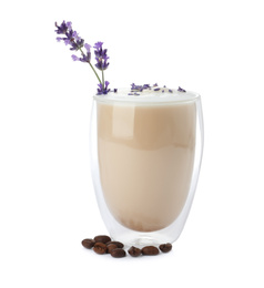 Photo of Delicious coffee  with lavender and beans on white background