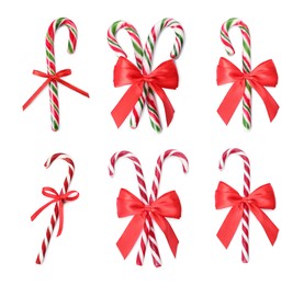 Image of Set with yummy sweet Christmas candy canes on white background 