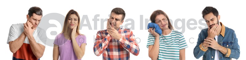 Collage with photos of people suffering from toothache on white background. Banner design