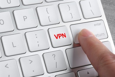 Image of VPN concept. Woman pressing button on computer keyboard, closeup
