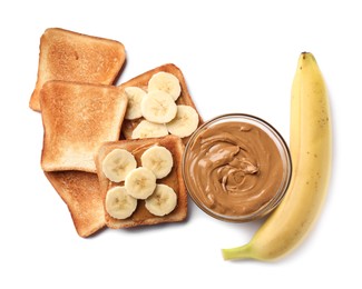 Photo of Tasty toasts with nut butter and banana on white background, top view