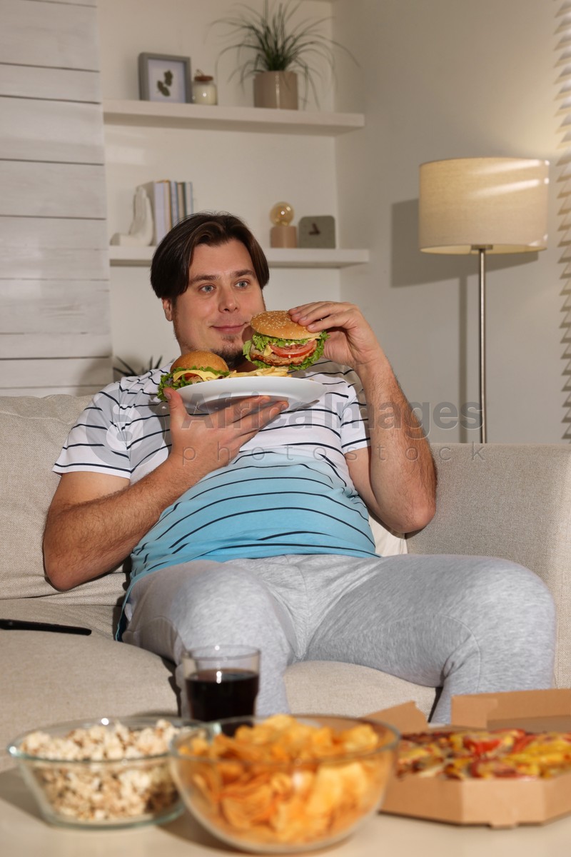 Overweight man with plate of burgers and French fries on sofa at home