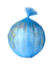 Photo of Globe in blue plastic bag isolated on white. Environmental protection concept