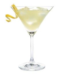 Glass of delicious bee's knees cocktail with ice and lemon twist isolated on white
