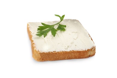 Photo of Delicious sandwich with cream cheese and parsley isolated on white