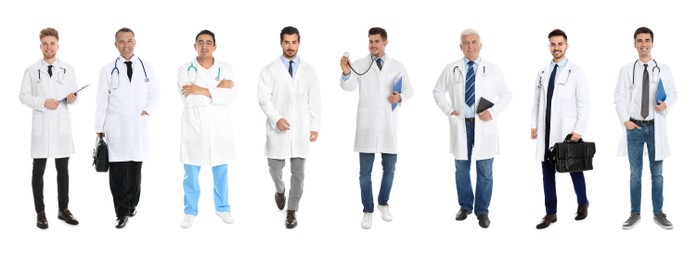 Collage with photos of doctors on white background. Banner design