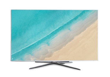 Image of Modern wide screen TV monitor showing sandy ocean beach, isolated on white