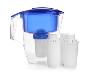 Water filter jug and replacement cartridges on white background