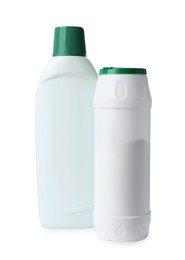 Bottles with different detergents on white background. Cleaning supplies