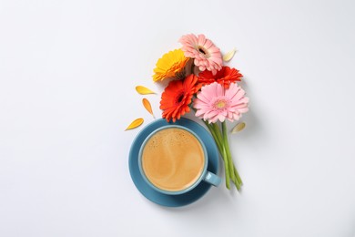 Beautiful colorful gerbera flowers, petals and cup of coffee on white background, flat lay