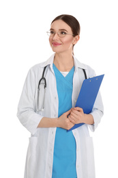 Portrait of doctor with clipboard on white background