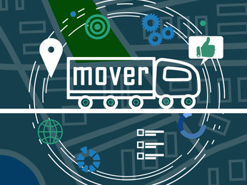 Movers service. Illustration of truck, map and different icons