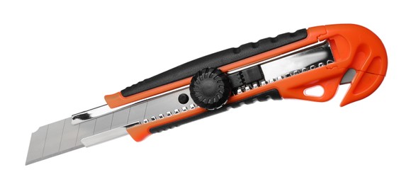 Orange utility knife isolated on white. Construction tool