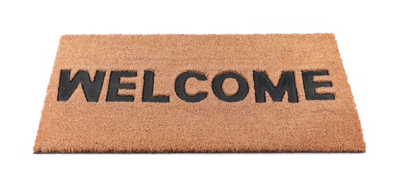 Stylish door mat with word Welcome on white background