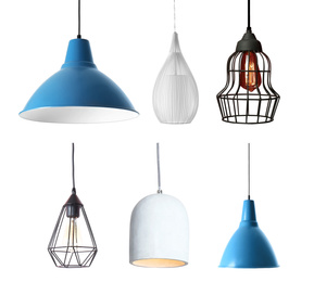 Image of Set of different modern hanging lamps on white background