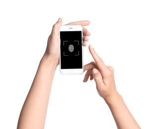 Woman holding smartphone with fingerprint sensor on white background, closeup. Digital identity