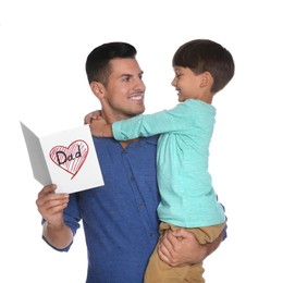 Little boy greeting his dad with Father's Day on white background