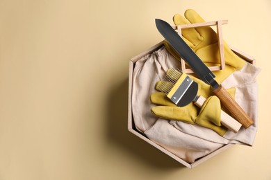 Box with many different beekeeping tools on beige background, top view. Space for text