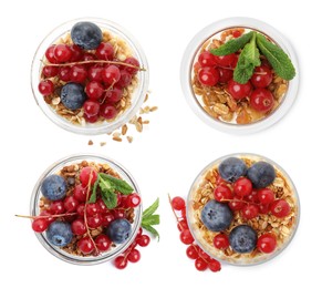 Delicious yogurt parfait with fresh berries and mint on white background, top view. Collage