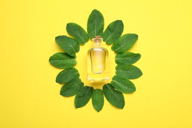 Bottle of essential oil and mint on yellow background, flat lay