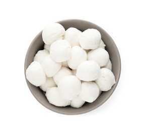 Bowl with mozzarella cheese balls on white background, top view
