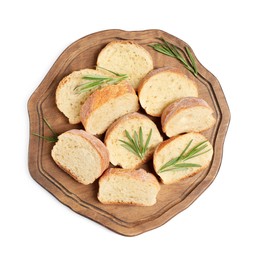 Cut delicious French baguette with rosemary isolated on white, top view