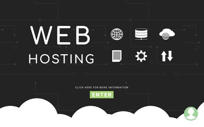 Web hosting service. Homepage with different icons, illustration