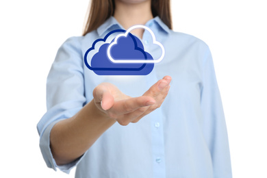 Woman holding virtual clouds icon on white background, closeup of hand. Data storage concept