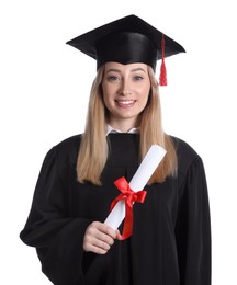 Happy student with diploma on white background