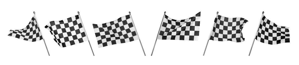 Image of Checkered racing finish flags on white background, collage. Banner design