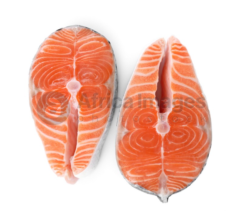 Fresh raw salmon on white background, top view. Fish delicacy