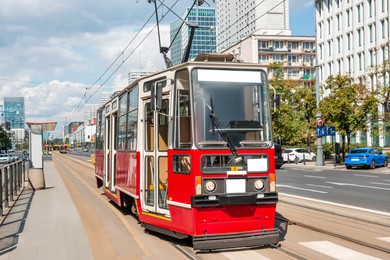 Streetcar on road in city. Public transport