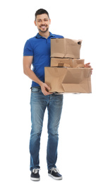 Courier with damaged cardboard boxes on white background. Poor quality delivery service