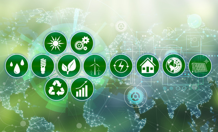 Energy efficiency concept. Different icons on green background