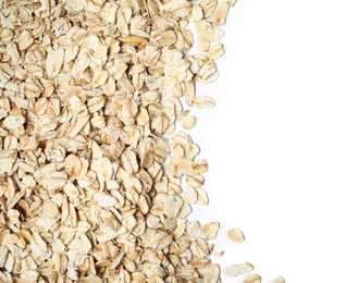 Raw oatmeal on white background, top view