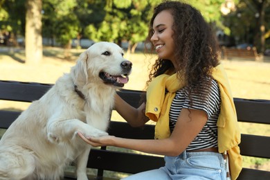 Young African-American woman and her Golden Retriever dog on bench in park