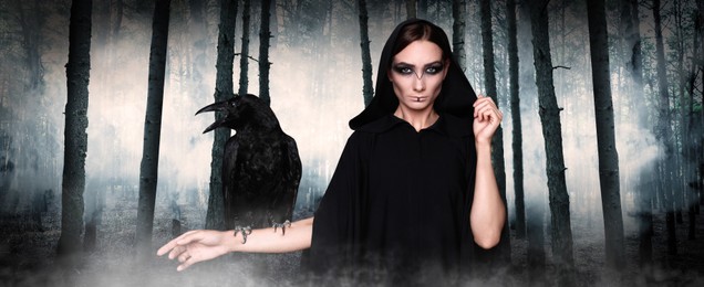 Mysterious witch with raven in foggy forest, banner design. Fantasy world