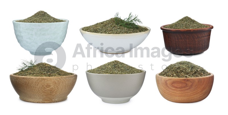 Set with bowls of dry dill on white background. Banner design