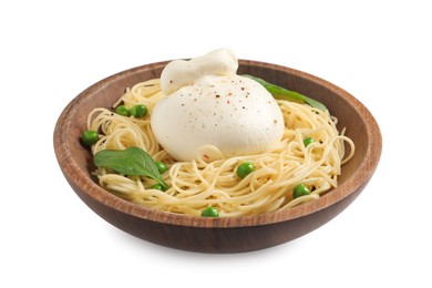 Photo of Wooden bowl of delicious pasta with burrata, peas and spinach isolated on white