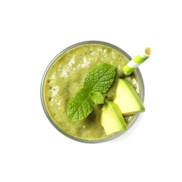 Photo of Glass of tasty avocado smoothie isolated on white, top view