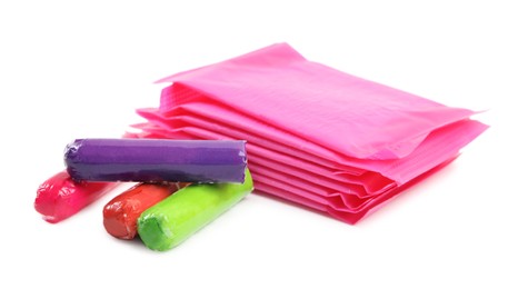 Pads and tampons on white background. Menstrual hygiene product