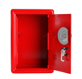Open red steel safe isolated on white