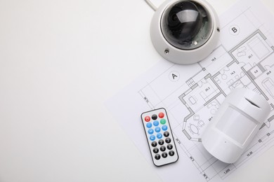 Photo of CCTV camera, remote control, movement detector and building plan on white background, flat lay with space for text. Home security system