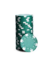 Green casino chips stacked on white background. Poker game