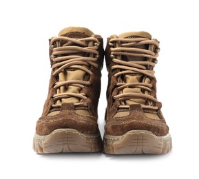 Pair of comfortable hiking boots on white background. Camping tourism