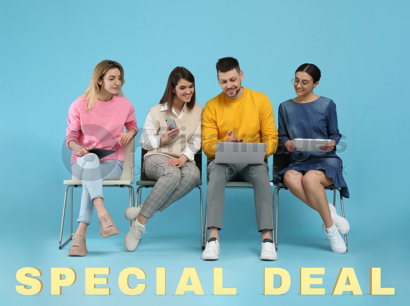 Image of Group of people on light blue background. Shopping online - special deal