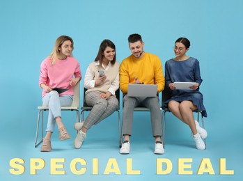 Group of people on light blue background. Shopping online - special deal