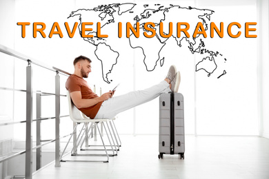 Travel insurance concept. Young man with suitcase in airport